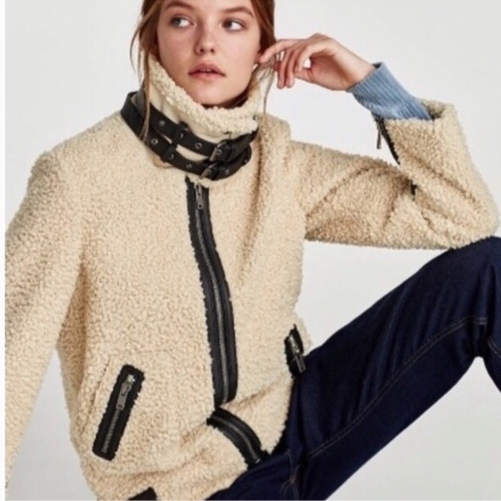 Zara Cream Teddy Jacket with Black Accents